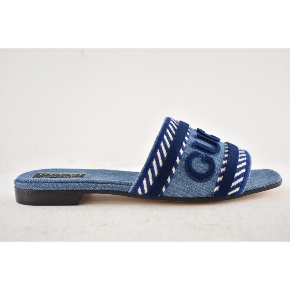 Gucci Jane Light Blue Denim Velvet Logo Mule Flat Slide Slip On Sandal 37 - Picture 2 of 16